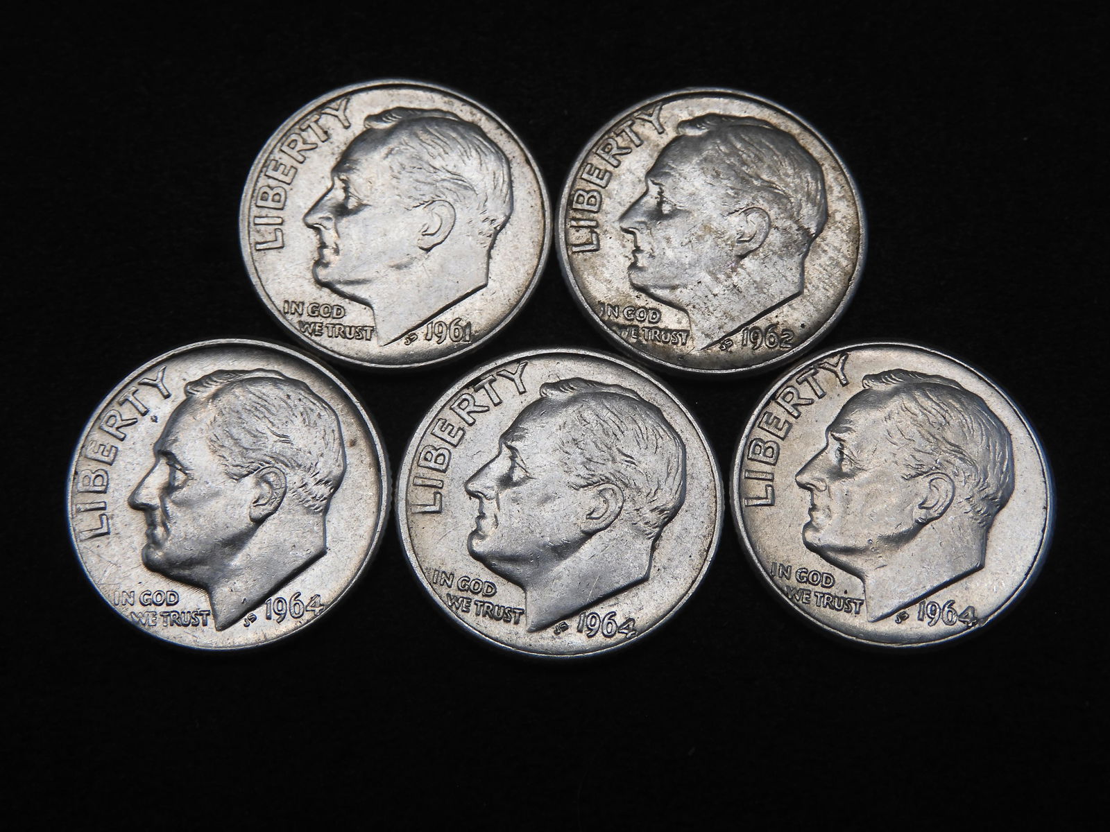 1961-D, 1962-D, (3)-1964-D Roosevelt Dimes (90% Silver) (1 of 2)