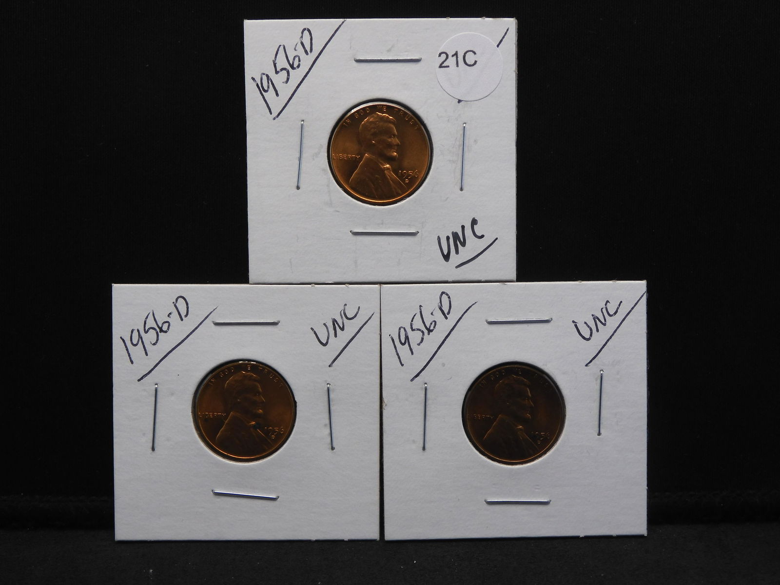 Three 1956-D Lincoln Wheat Cents Red Unc. (1 of 7)