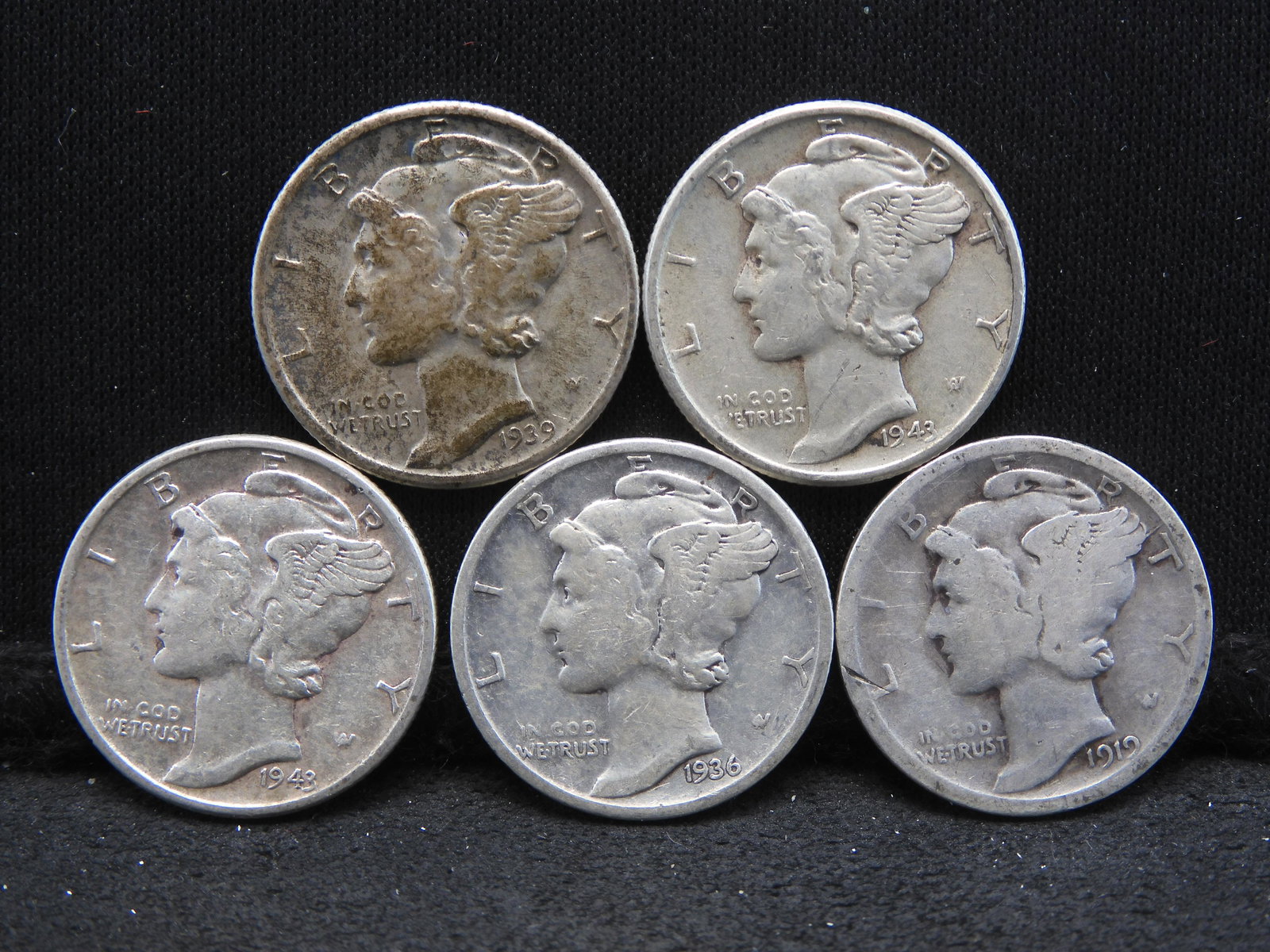 Five Mercury Dimes 1919, 1936, 1939, 1943x2 90% Silver (1 of 2)