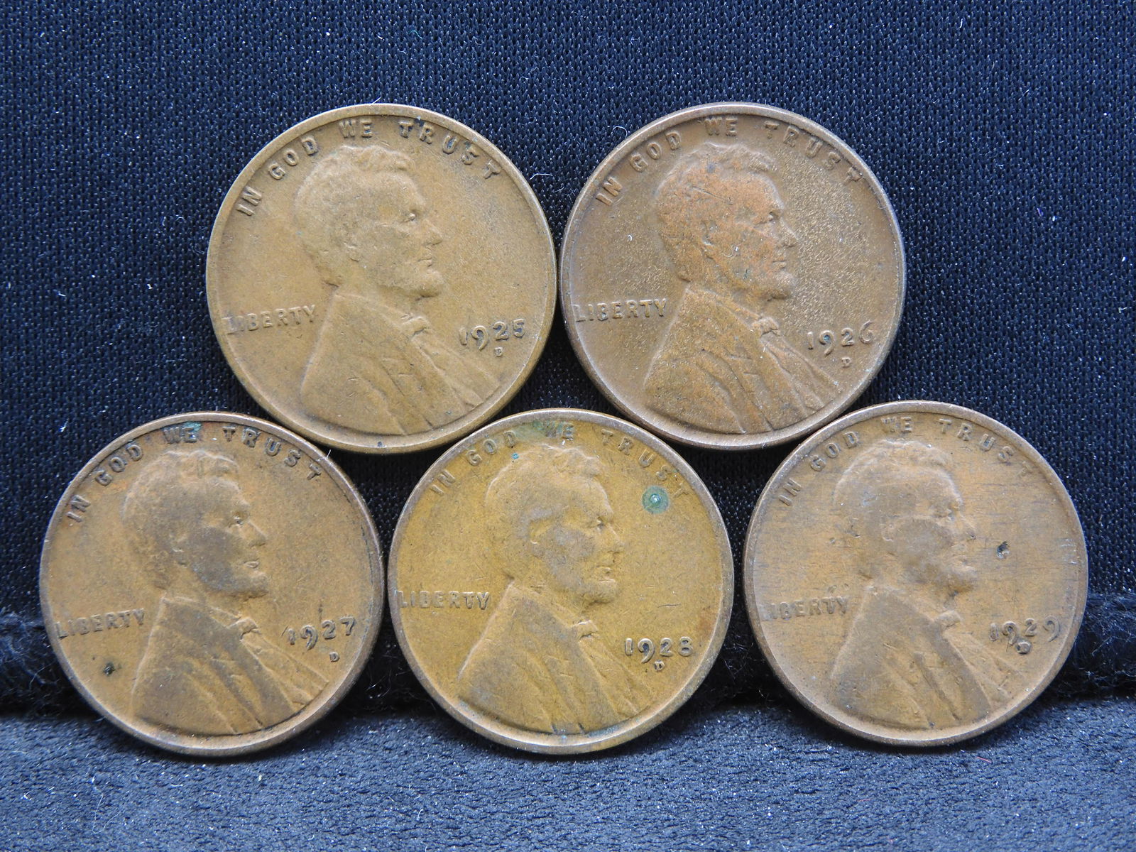 1925-D, 1926-D, 1927-D, 1928-D, 1929-D Lincoln Head Wheat Cents. (1 of 2)