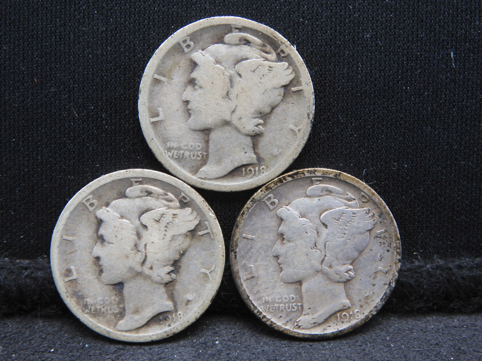 1918 P/D/S Mercury Head Dimes.  3 Coins (1 of 2)