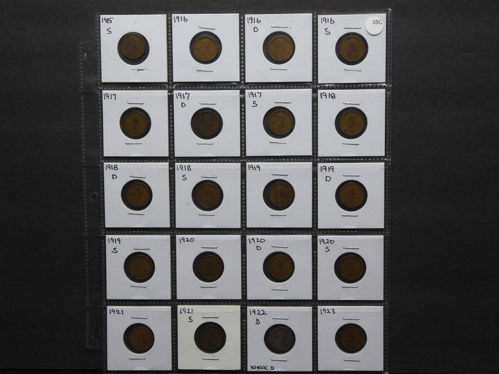 20 Lincoln Wheat Cents Early Dates 1915-S, 1916 P/D/S, 1917 P/D/S, 1918 P/D/S, 1919 P/D/S, 1920 (1 of 13)