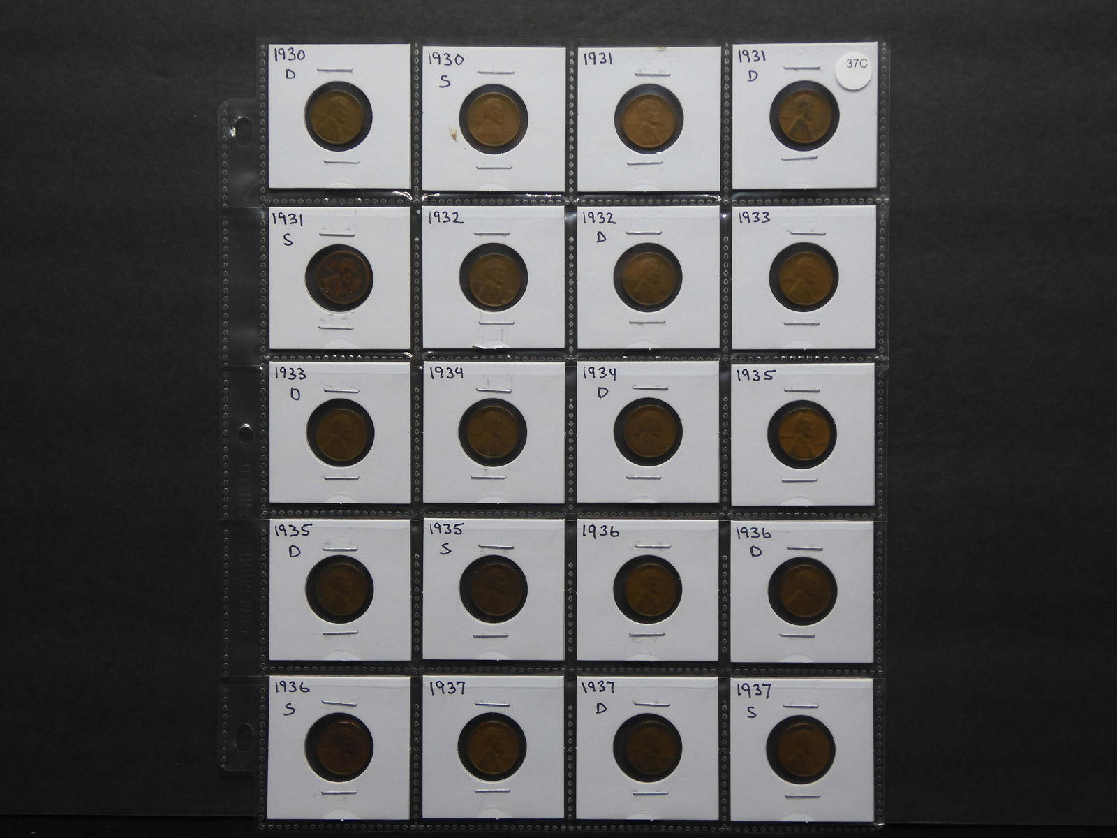 20 Lincoln Wheat Cents  1930-D/S, 1931 P/D/S, 1932 P/D, 1933 P/D, 1934 P/D, 1935 P/D/S, 1936 P/D/S, (1 of 13)