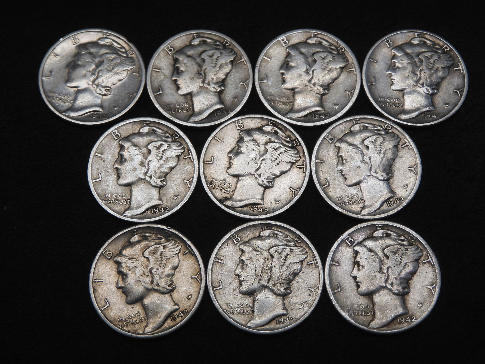 (1) 1942 & (9)1942-S Mercury Dimes - Qty 10 (90% Silver) (1 of 2)