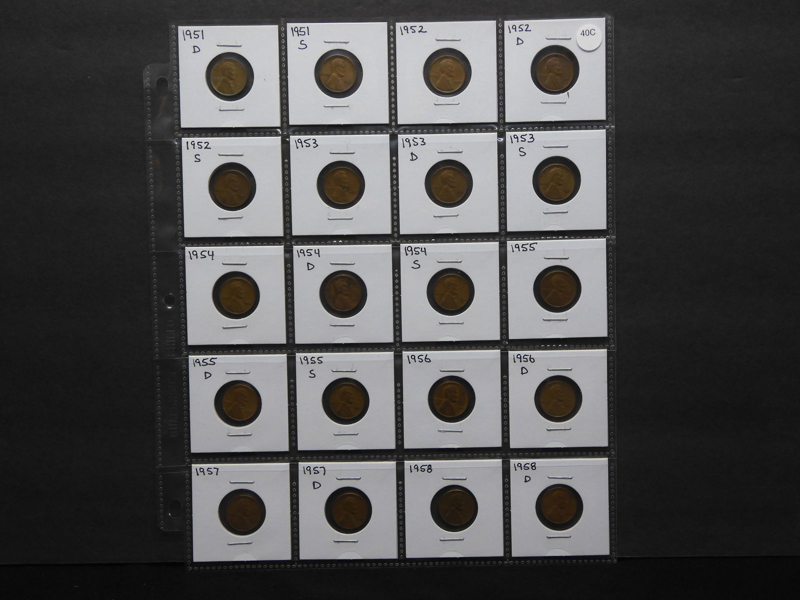 20 Lincoln Wheat Cents  1951-D/S, 1952 P/D/S, 1953 P/D/S, 1954 P/D/S, 1955 P/D/S, 1956 P/D, 1957 (1 of 13)
