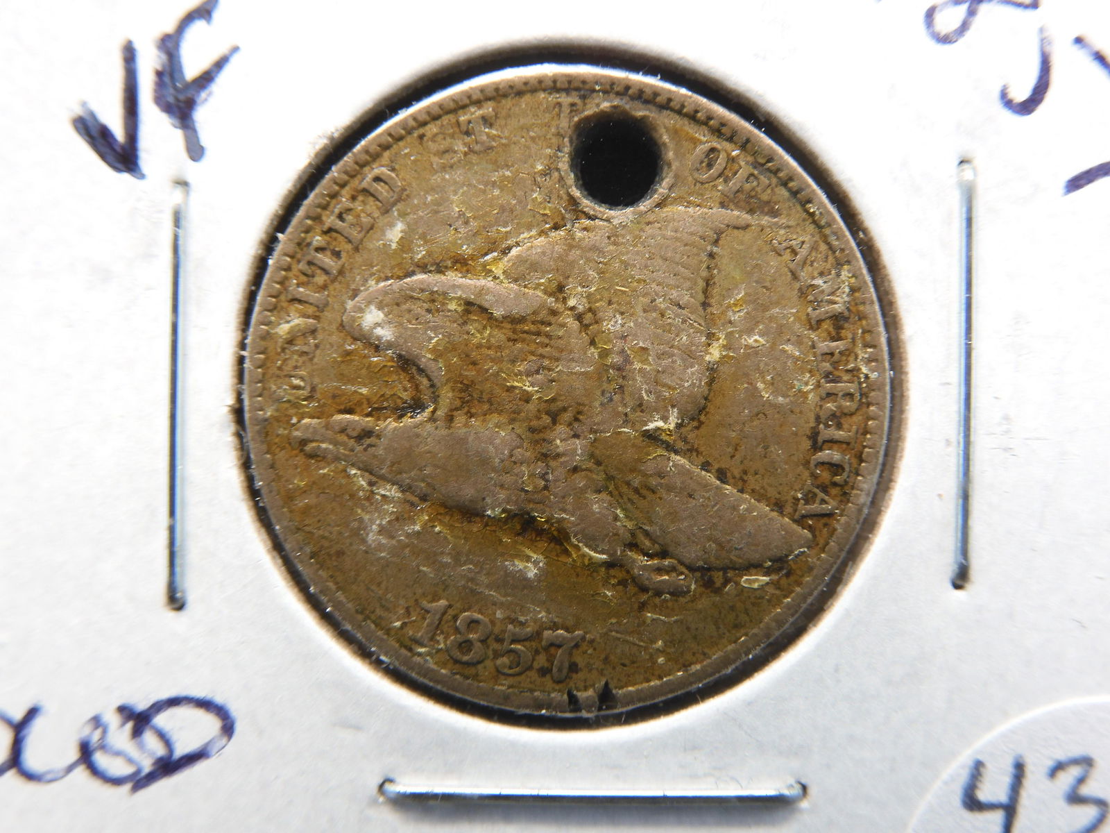 1857 Flying Eagle Penny - Great Detail but Holed - Good Starter! (1 of 3)