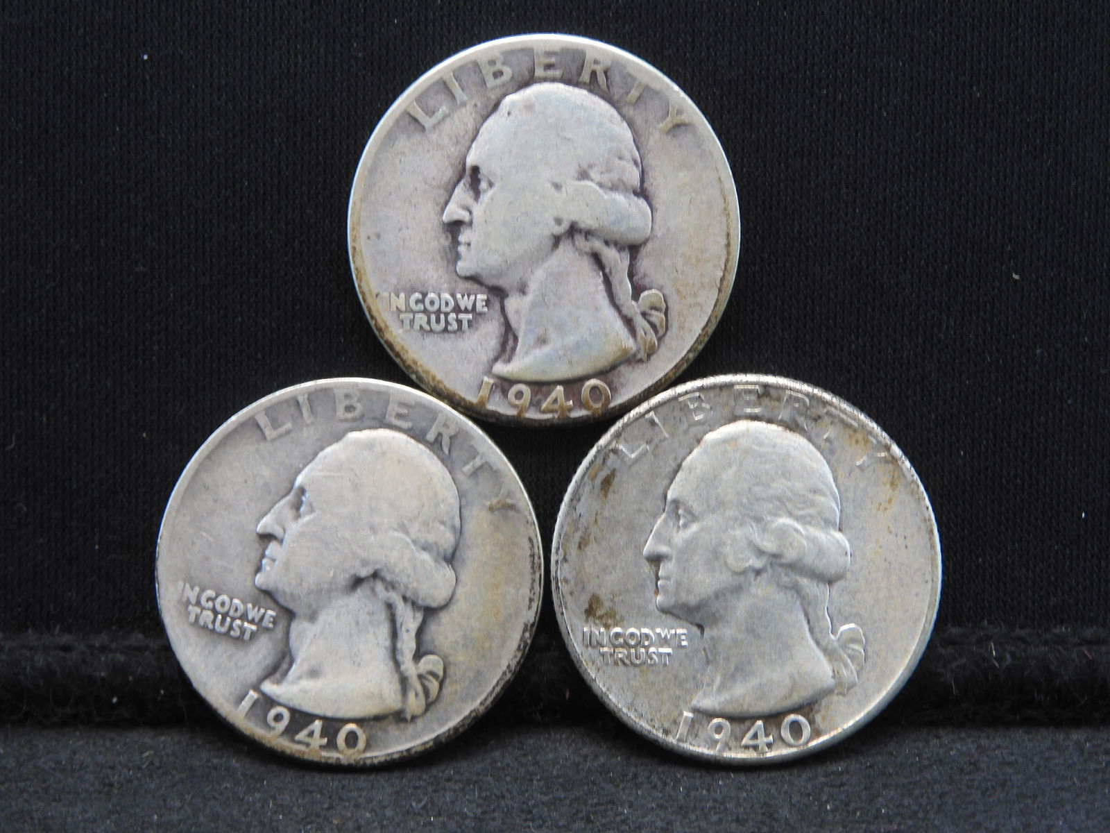 1940 P/D/S U.S. Silver Washington Quarters.  3 Coins. (1 of 2)