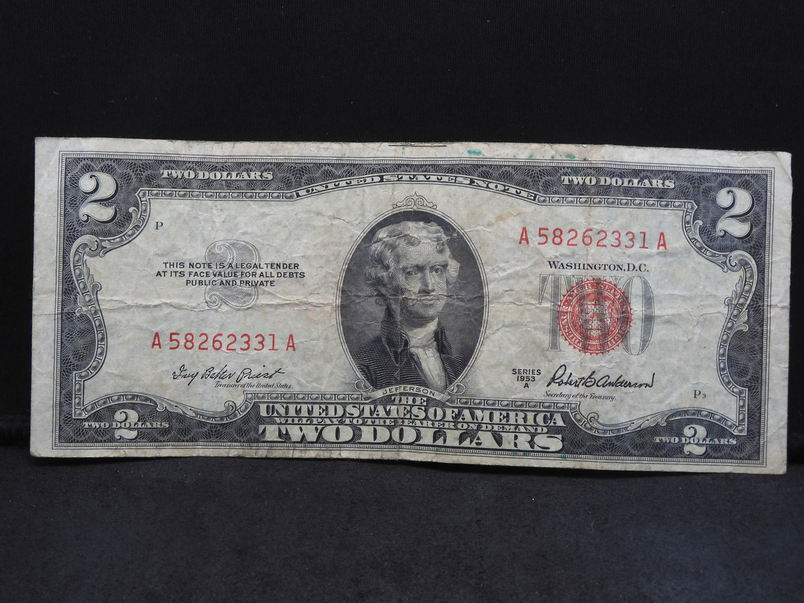 1953-A Two Dollar Bill $2 Note Fancy Red Seal Old Paper US Currency Bill (1 of 4)