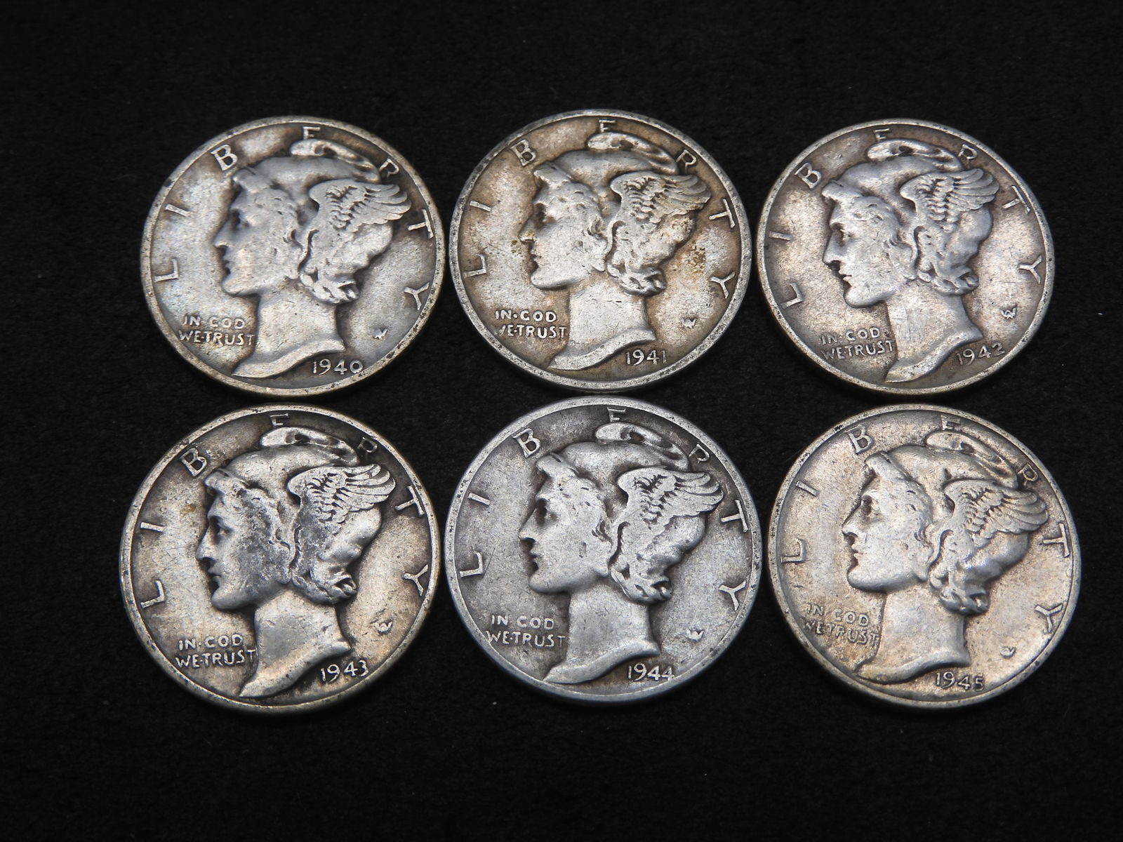 1940/1941/1942/1943/1944/1945-D Mercury Dimes - 6 Consecutive Dates (90% Silver) (1 of 2)