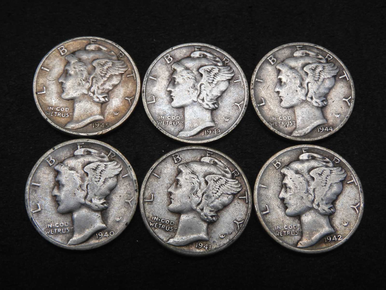 1940-S/1941-D/1942/1943-D/1944/1945 Mercury Dimes - 6 Consecutive Dates (90% Silver) (1 of 2)