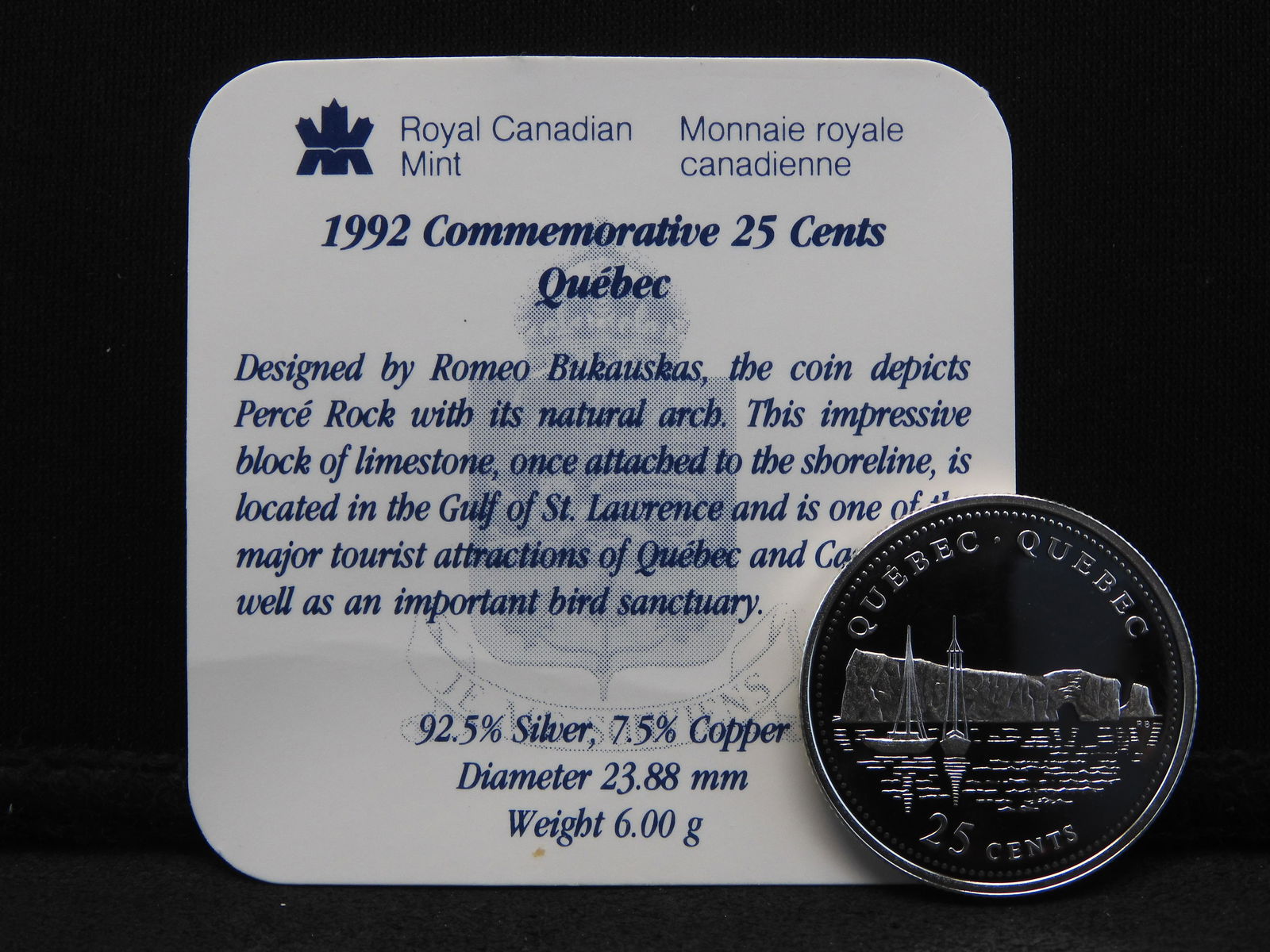 1992 Canada Perce Rock .925 silver commemorative with COA.  GEM Proof. (1 of 3)