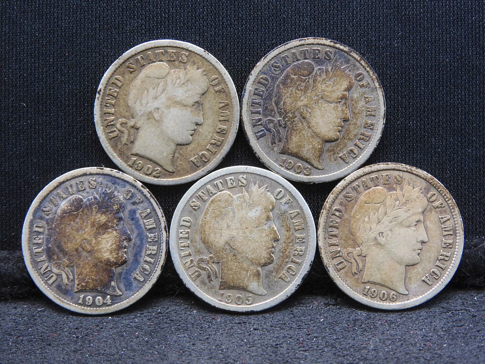1902, 1903, 1904, 1905, 1906 U.S. Barber Dimes. (1 of 2)