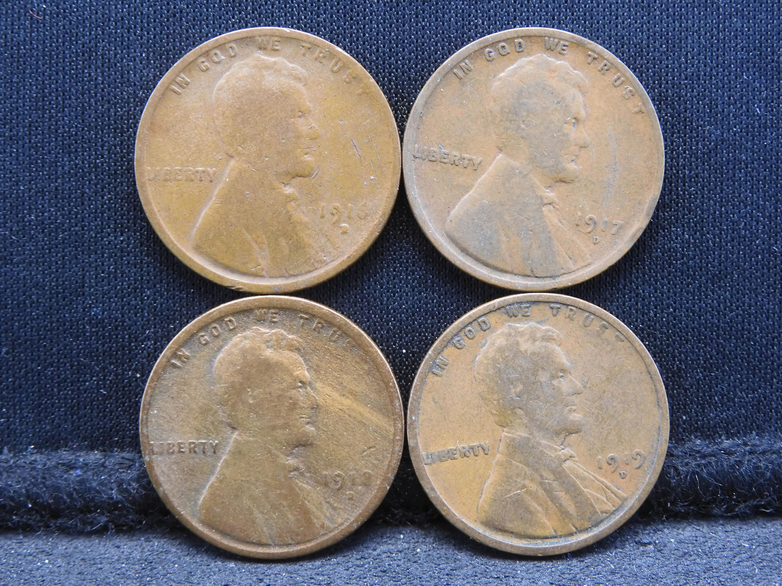 1916-D, 1917-D, 1918-D, 1919-D Lincoln Head Wheat Cents. (1 of 2)