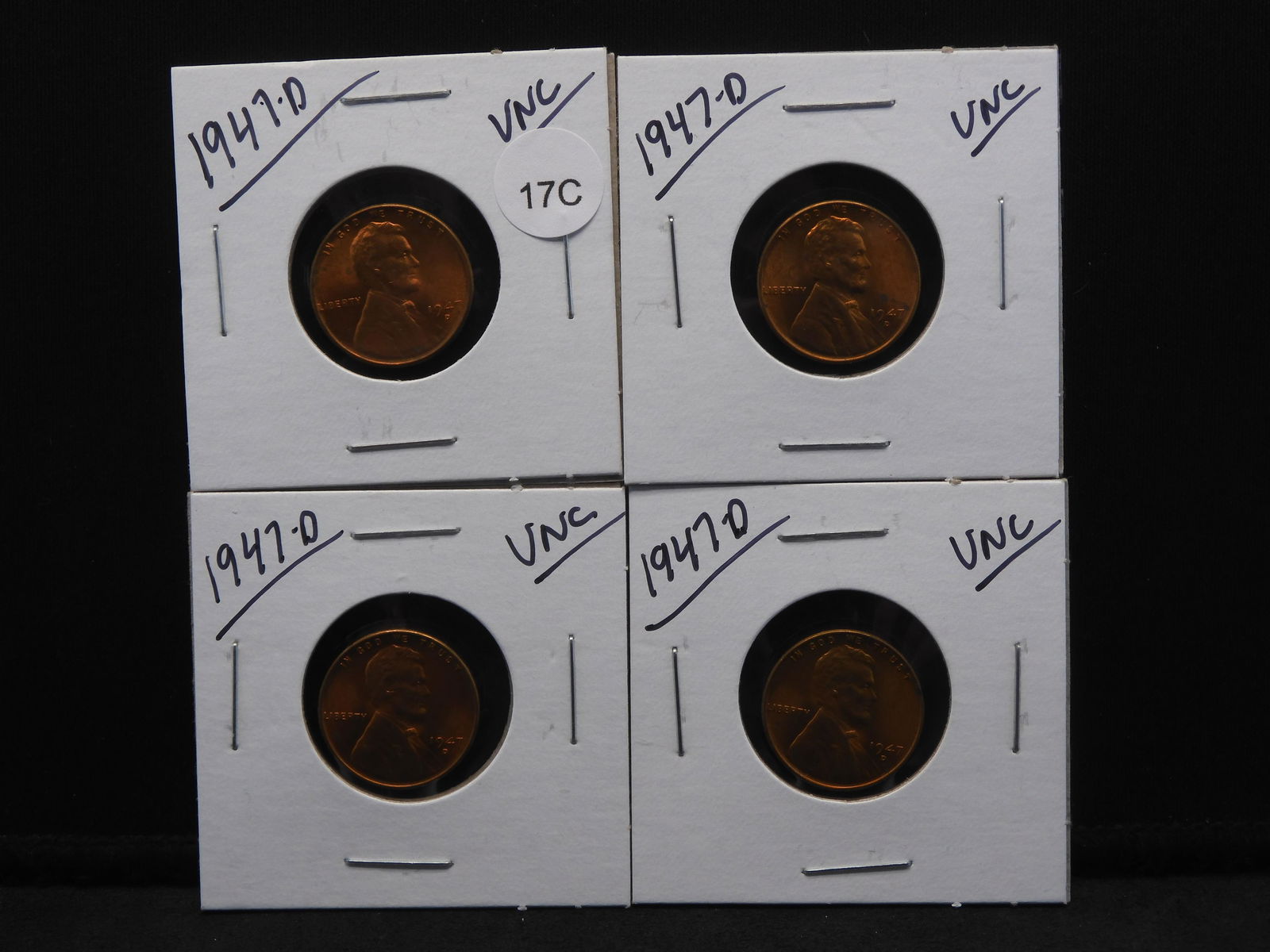 Four 1947-D Unc. Carded Lincoln Wheat Cents Red BU (1 of 9)