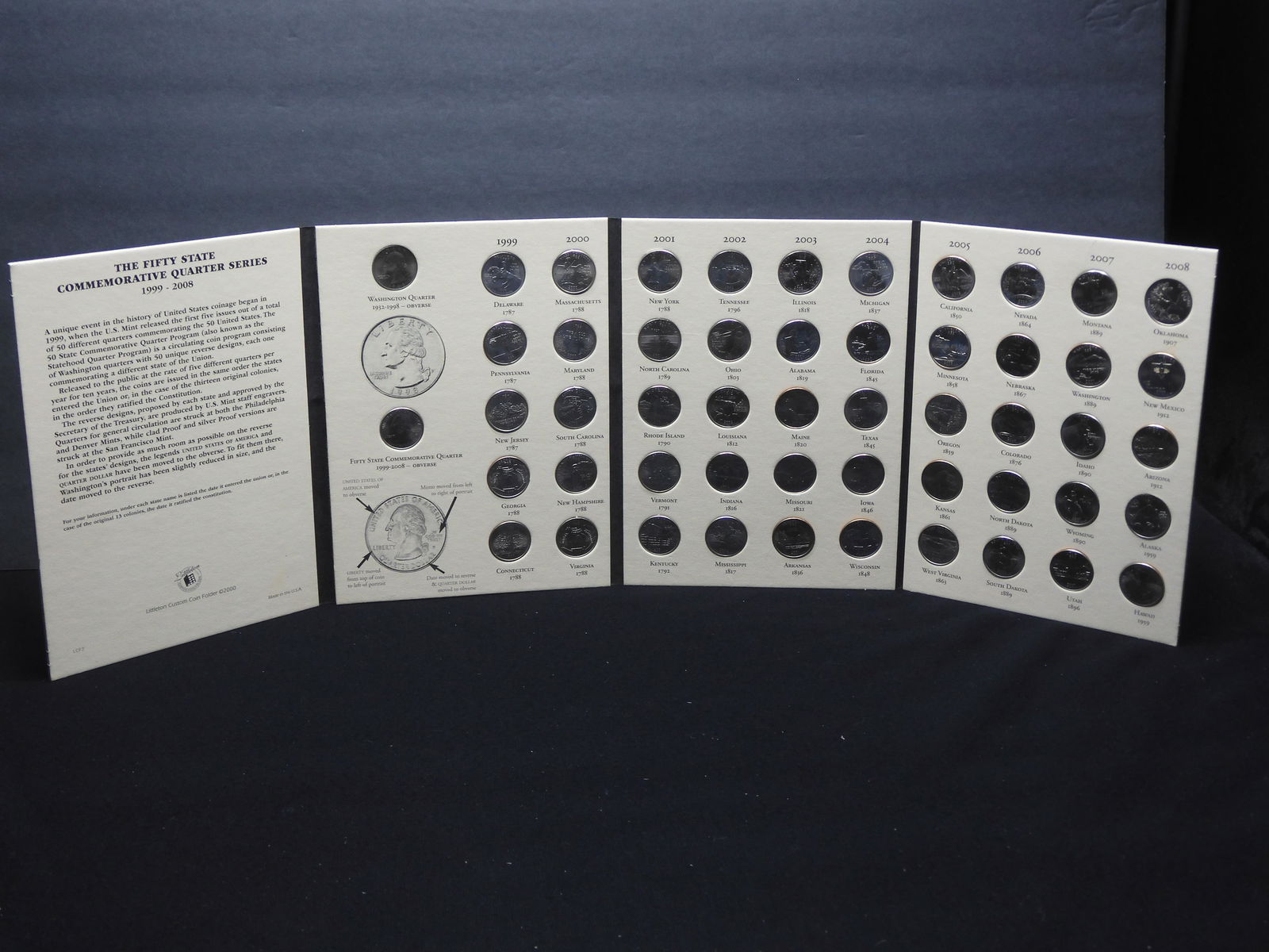 1999 To 2008 Fifty State Quarters Coin Collection Housed In Littleton Coin Company Folder.: 1999 To 2008 Fifty State Quarters Coin Collection Housed In Littleton Coin Company Folder.
