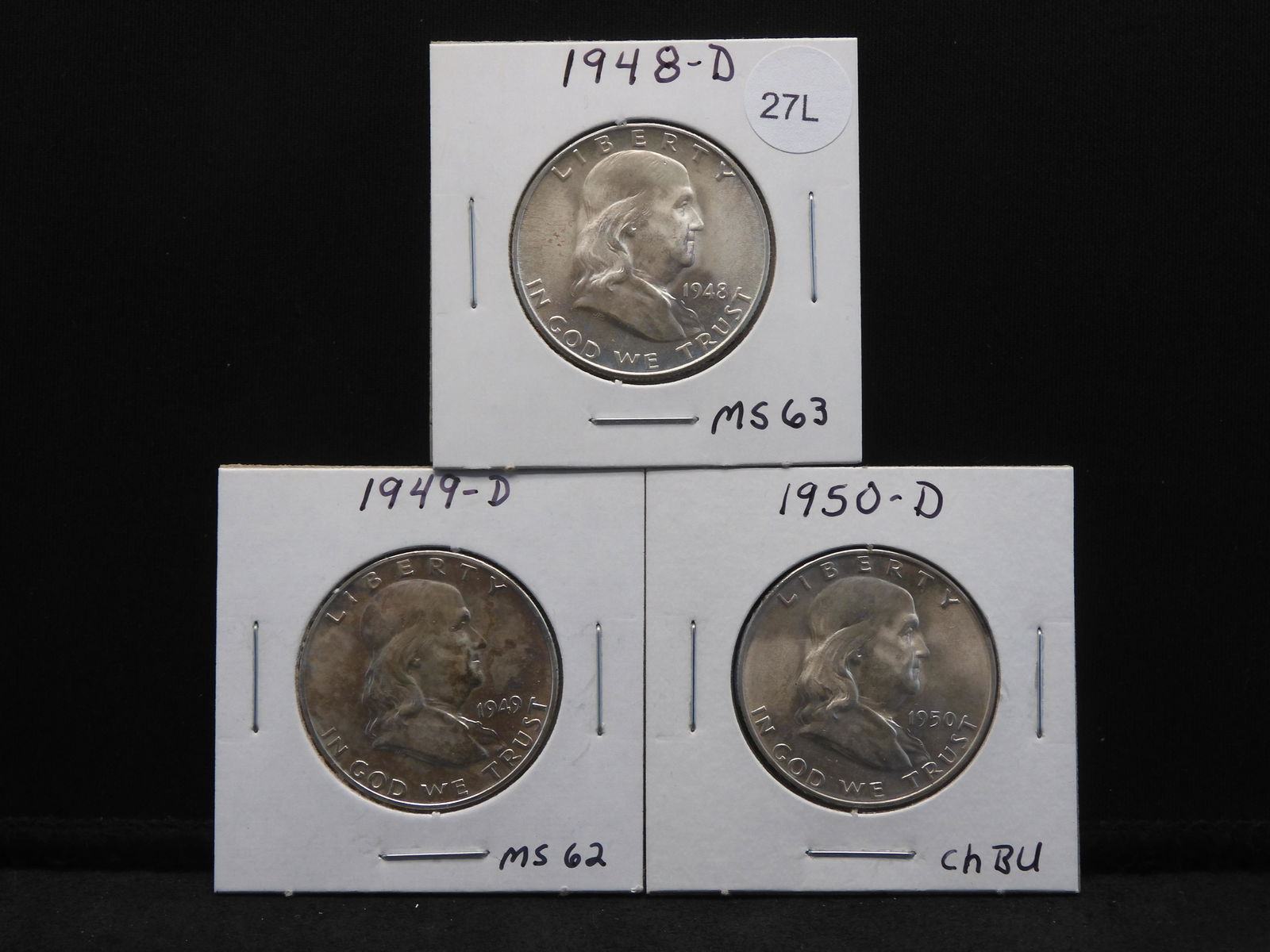 1948-D, 1949-D, 1950-D Brilliant Uncirculated Benjamin Franklin Half Dollars. (1 of 7)