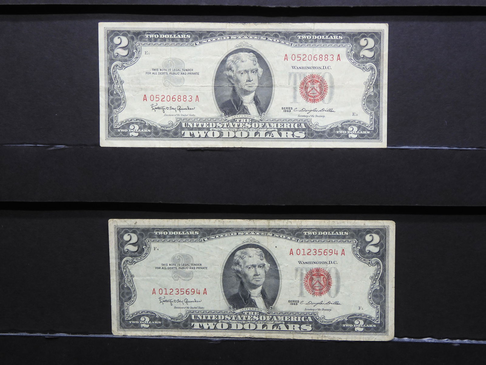 1963 (Qty 2)Two Dollar Note $2 Bill âœ¯US CURRENCYâœ¯ Red Seal (1 of 6)