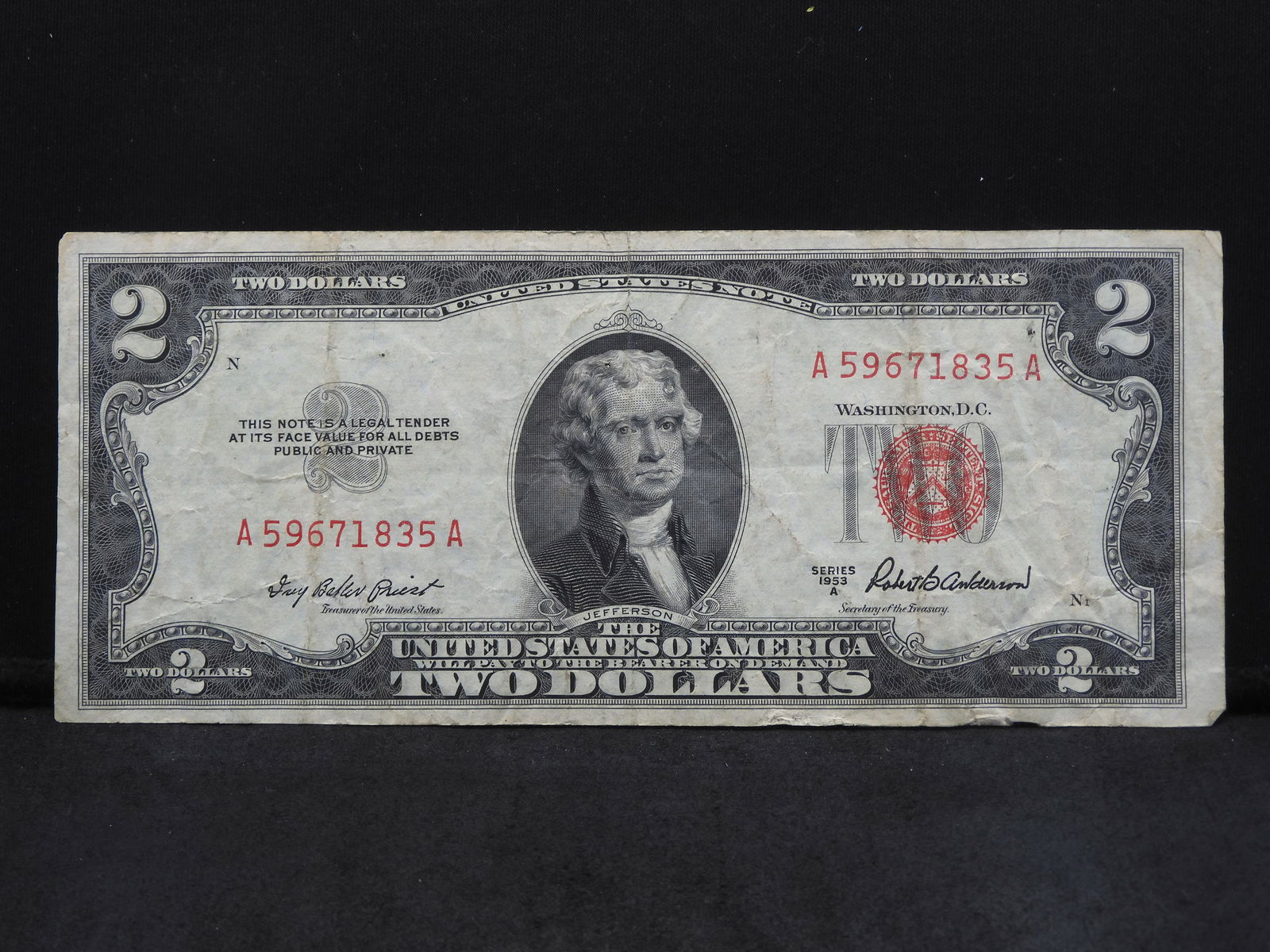 1953-A Series Two Dollar Note $2 - Cut Off Center slight left (1 of 4)