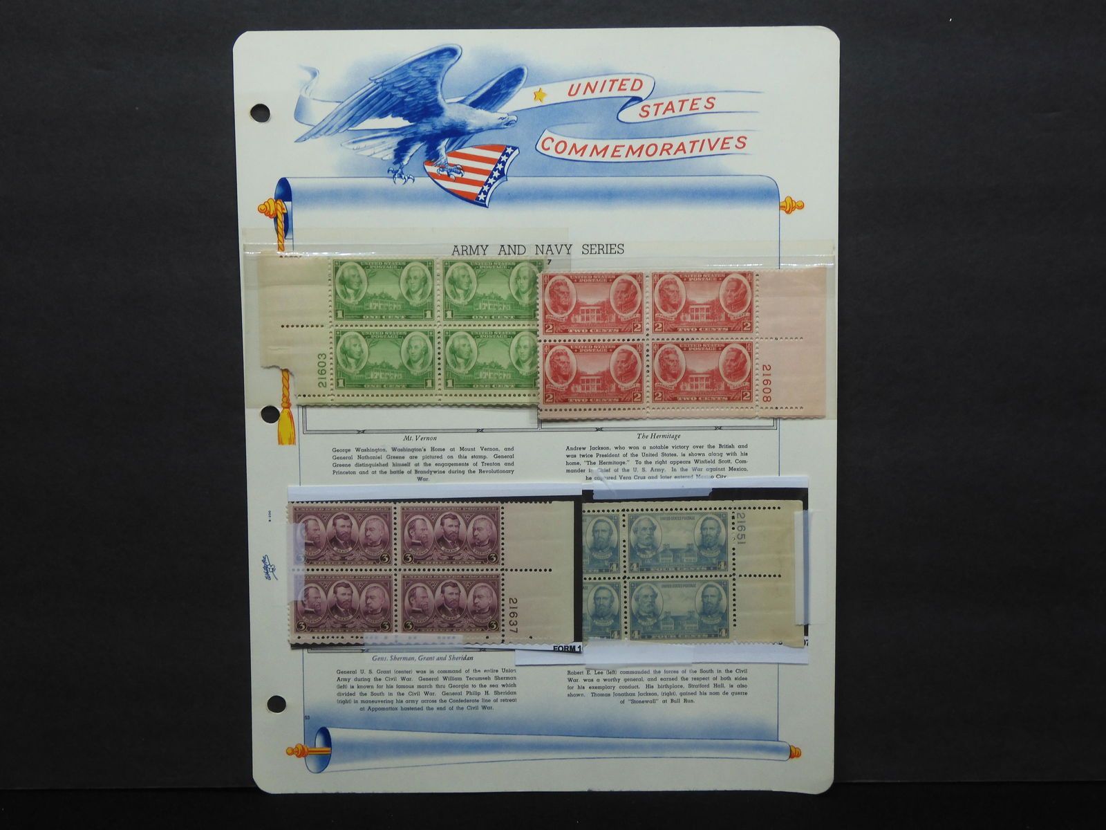 1936-37 Plate Blocks 1, 2, 3 & 4 Cent Stamps, Army & Navy Series: Mt. Vernon, Hermitage, Famous (1 of 6)