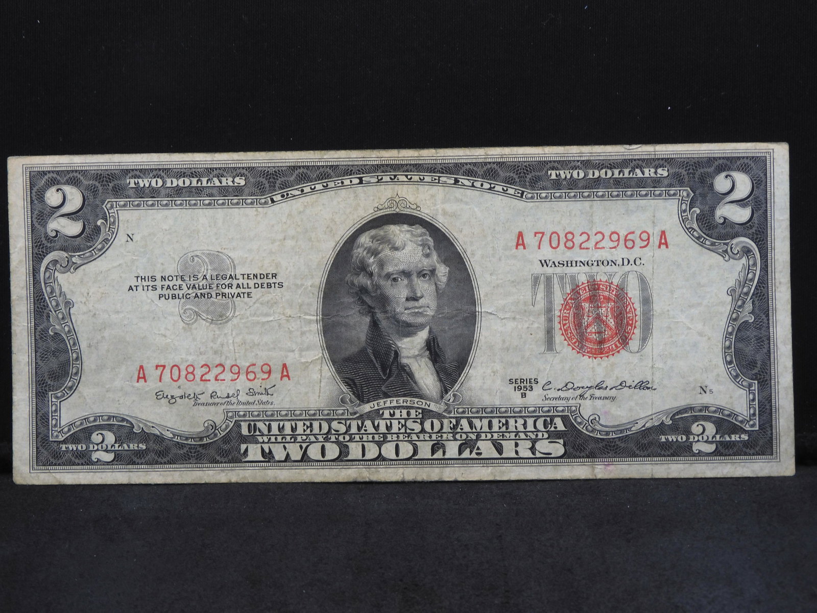 1953-B Series Two Dollar Note $2 - Cut Off Center Red Seal: 1953-B Series Two Dollar Note $2 - Cut Off Center Red Seal