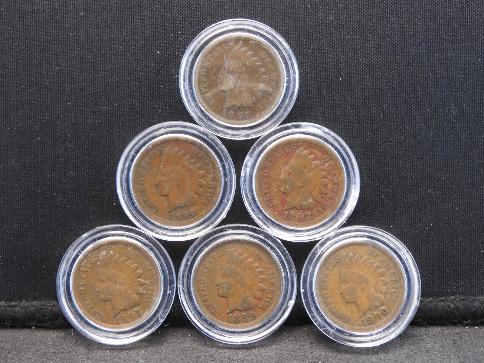 6- Indian Head Cents. 1887, 1890, 1893, 1897, 1899 and 1900. (1 of 2)