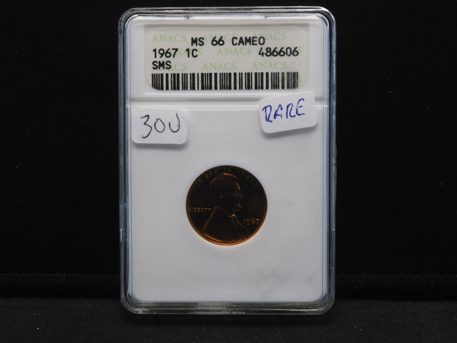 RARE 1967 SMS ANACS MS66 RD CAMEO Lincoln Cent. Very Rare in Cameo. Books at $325.00 (1 of 4)