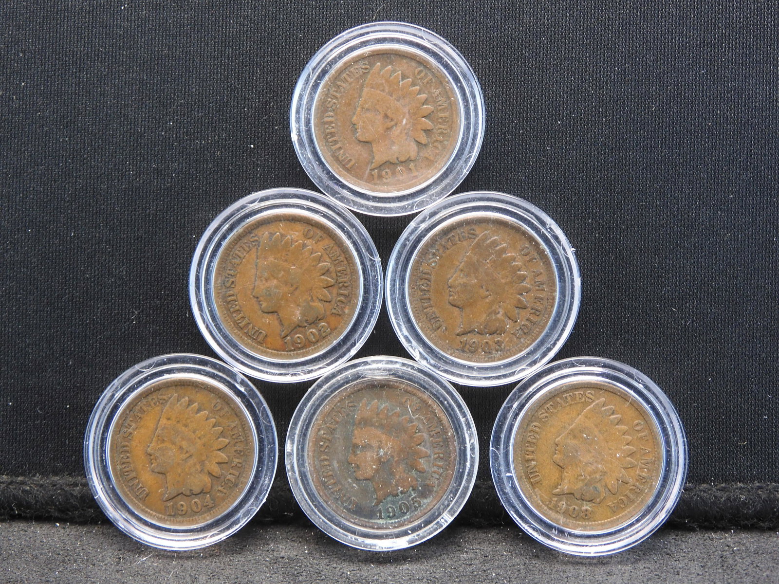 6 Indian Head Cents in Capsules. 1901, 1902, 1903, 1904, 1905, and 1908.: 6 Indian Head Cents in Capsules. 1901, 1902, 1903, 1904, 1905, and 1908.