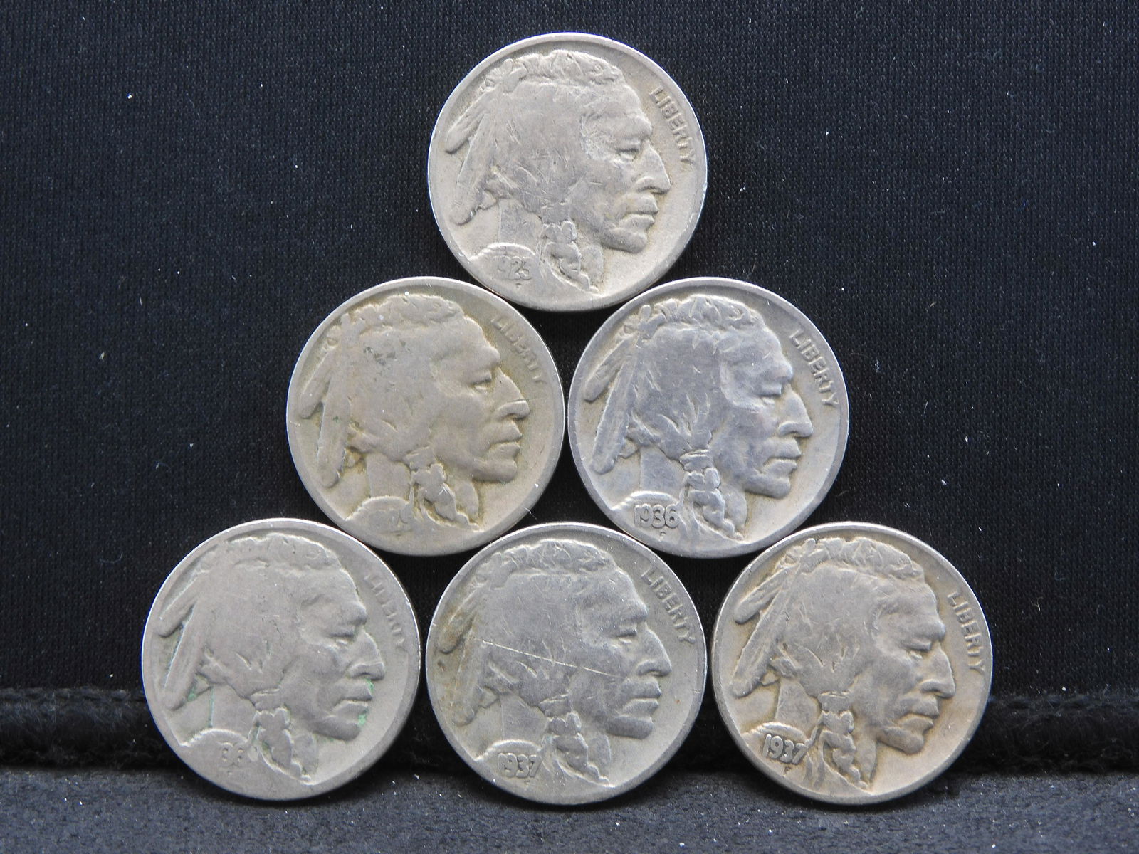 6 Buffalo Nickels. 1923, 1929-D, 1936, 1936-S, 1937 and 1937-D. (1 of 2)