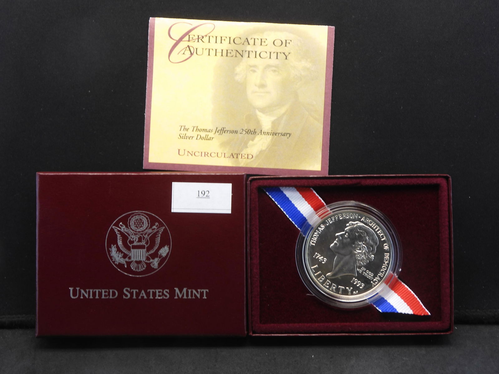 1993-P U.S. Thomas Jefferson 250th Anniv Uncirculated Silver Dollar OGP: 1993-P U.S. Thomas Jefferson 250th Anniv Uncirculated Silver Dollar OGP