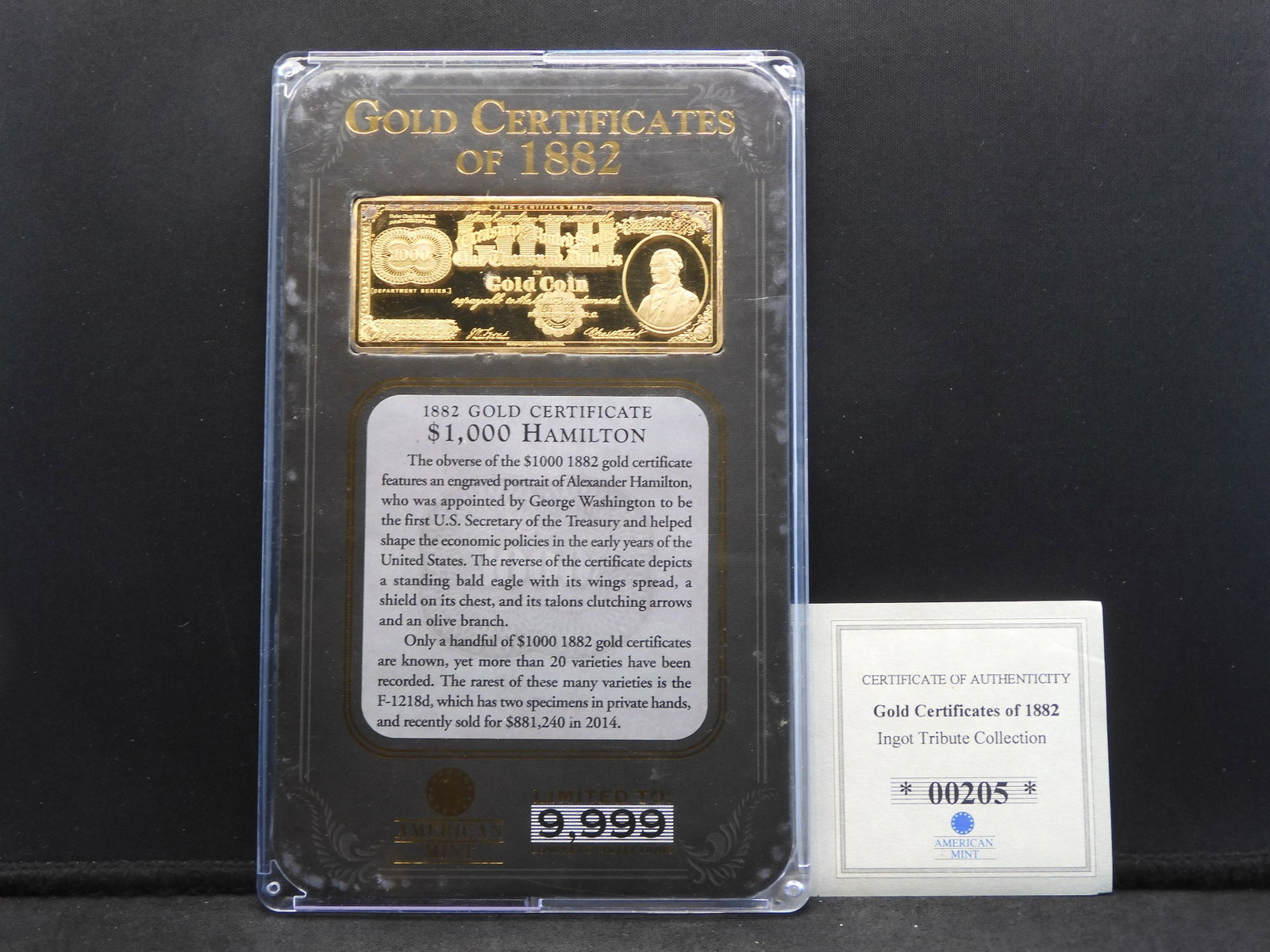 Gold Certificate of 1882 - Ingot Tribute Collection - Alexander Hamilton - Unique!!: Gold Certificate of 1882 - Ingot Tribute Collection - Alexander Hamilton - Unique!!