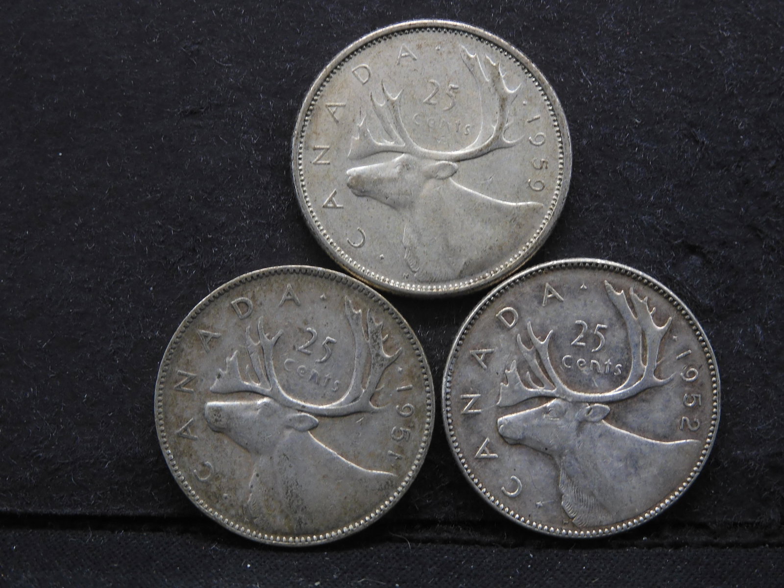 Three 80% Silver Canadian Quarters 1951, 1952, 1959 (1 of 2)