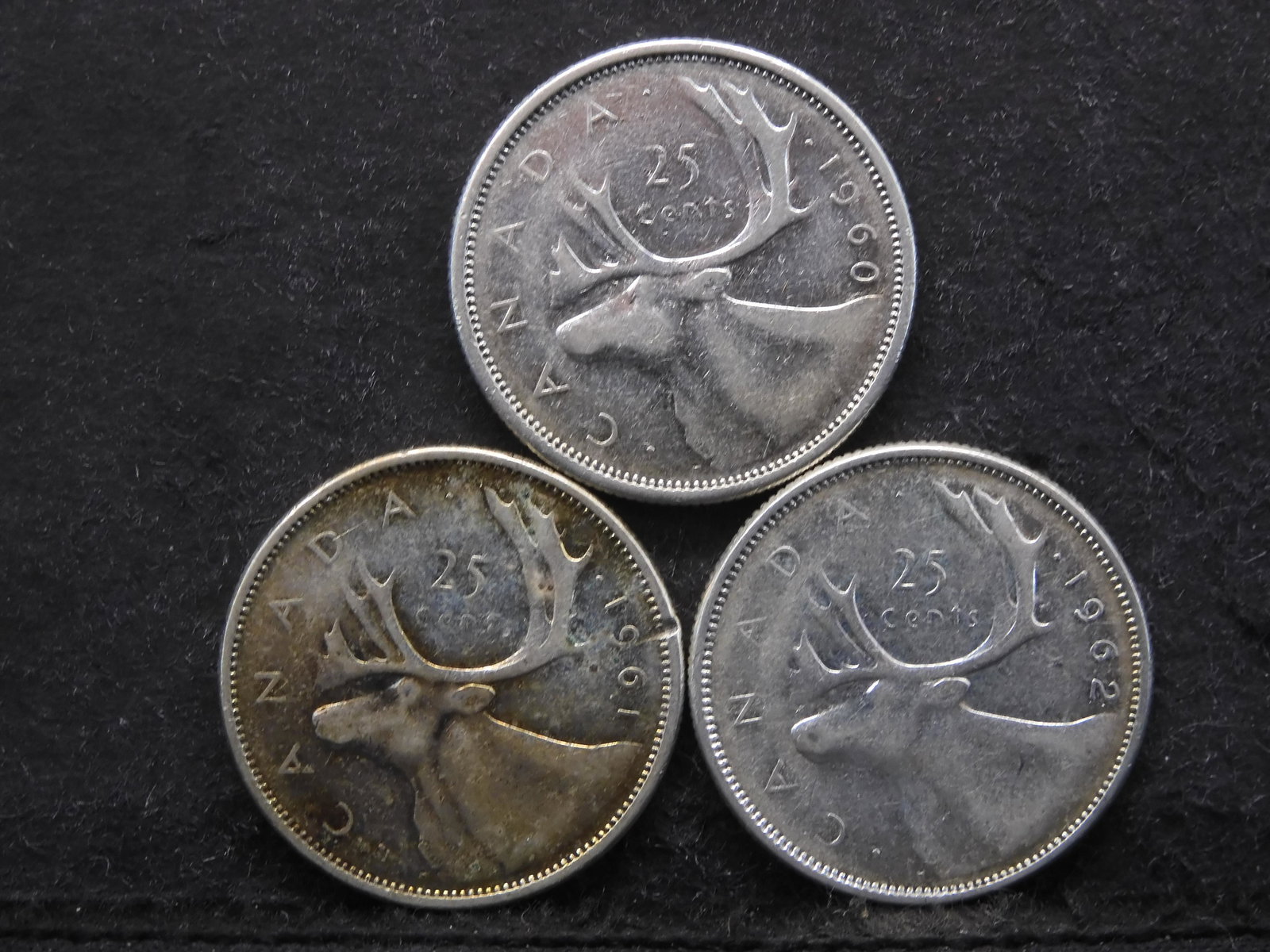 Three 80% Silver Canadian Quarters 1960, 1961, 1962 (1 of 2)