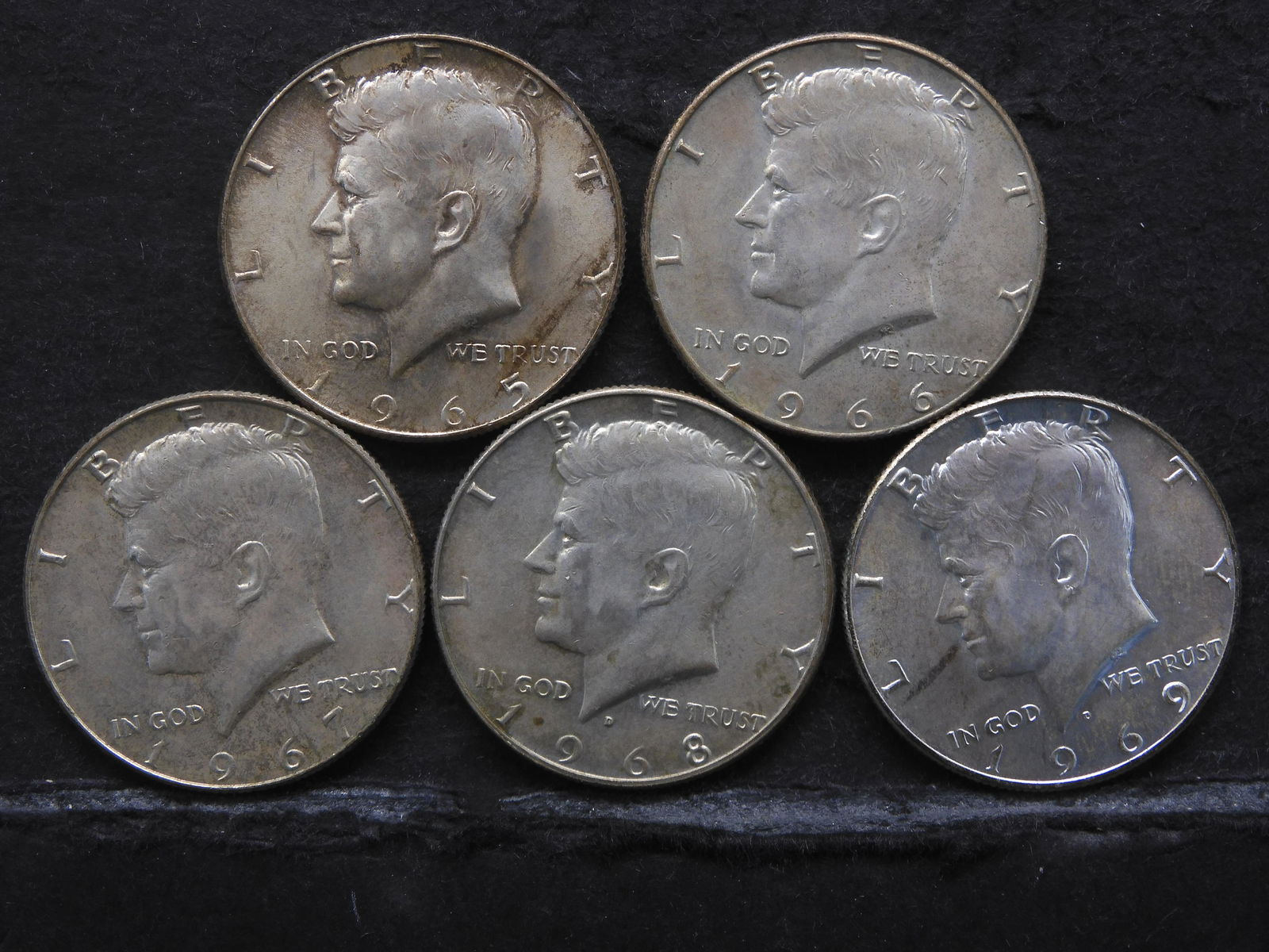 Five 40% Silver Kennedy Half Dollars 1965, 1966 & 1967P  & 1968-D 1969-D (1 of 2)