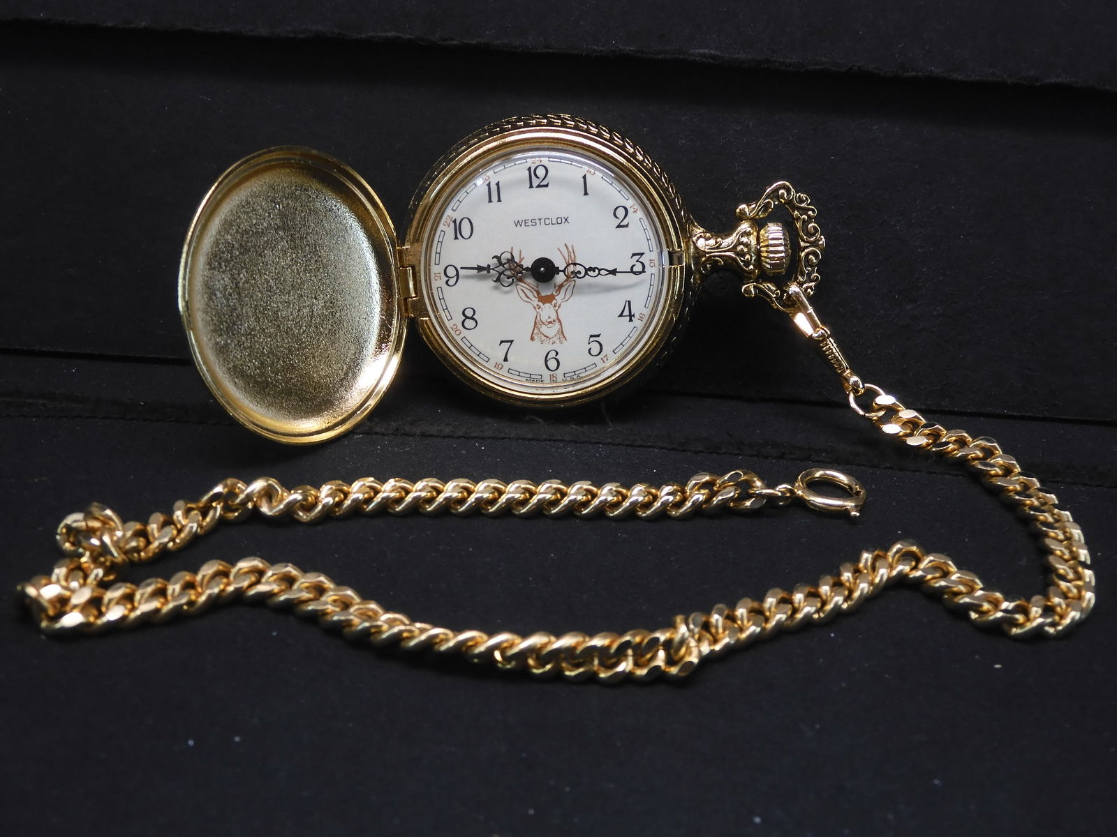 Westclox pocket watch hotsell with deer and dogs