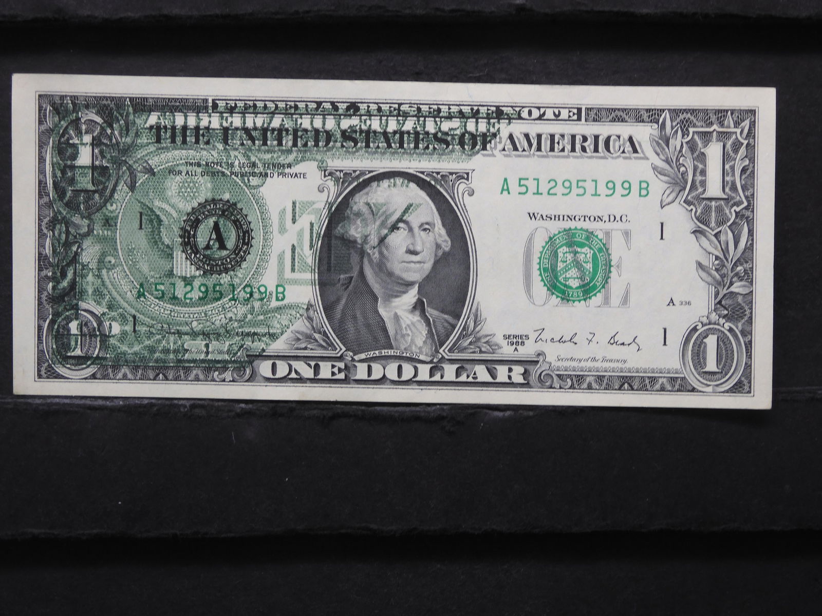 1988A One Dollar Error Back of Note Printed on Left Front (1 of 3)
