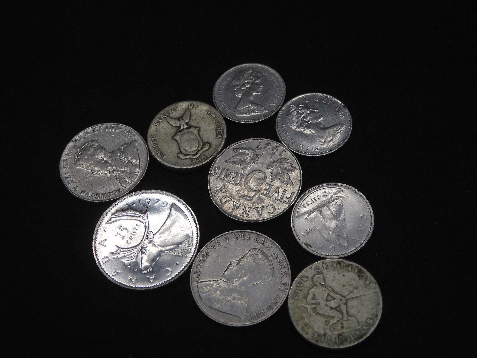 (3) CANADIAN NICKELS 1927/1931/ (3) DIMES 1973/1974/1977/(1) 25 CENTS/(2) CENTAVOS (1 of 4)