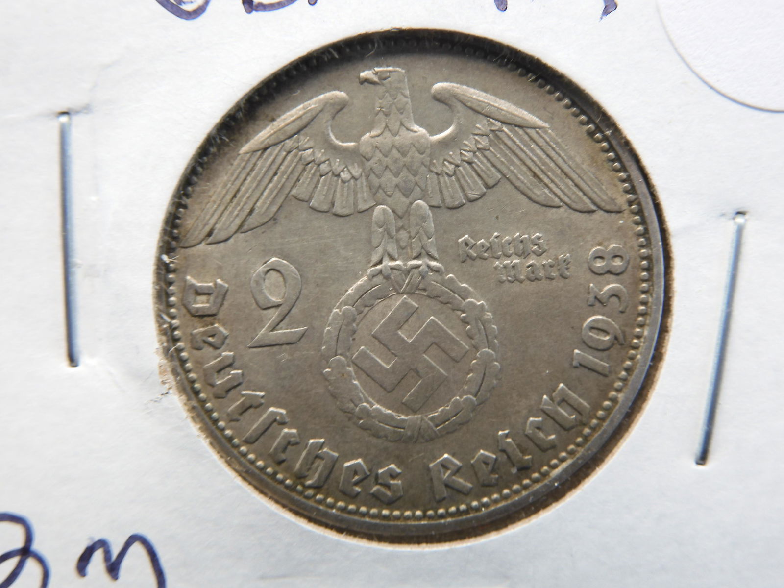 1938-D Germany silver 2 Mark.  Munich Mint.  Has Historical Symbol.  AU. (1 of 3)