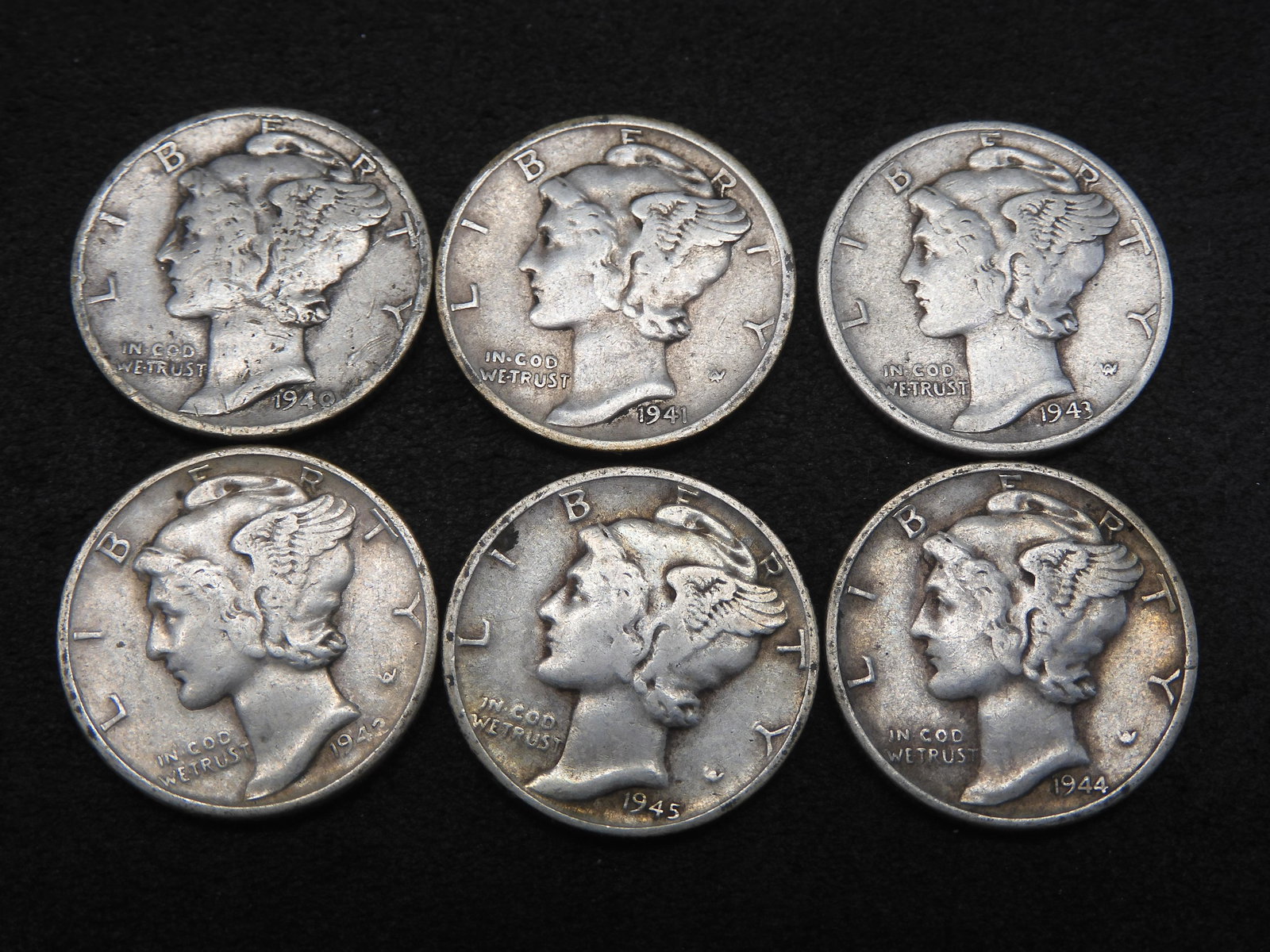 1940/ 1941-S/1942/1943/1944/1945 Mercury Dimes - 6 Consecutive Dates (90% Silver) (1 of 2)