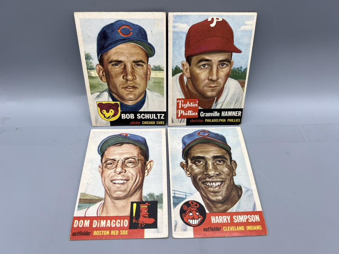 1953 Topps Bob Schultz #144, Granville Hamner #146, Dom DiMaggio #149, & Harry Simpson #150 (1 of 2)