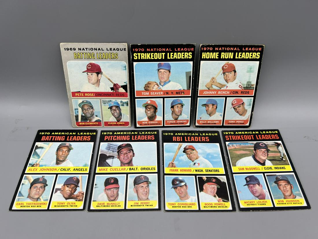 Lot of (7) 1970 & 1971 Topps Baseball Leaders Cards W/ Some Stars - Varying Conditions - Pete Rose, (1 of 2)