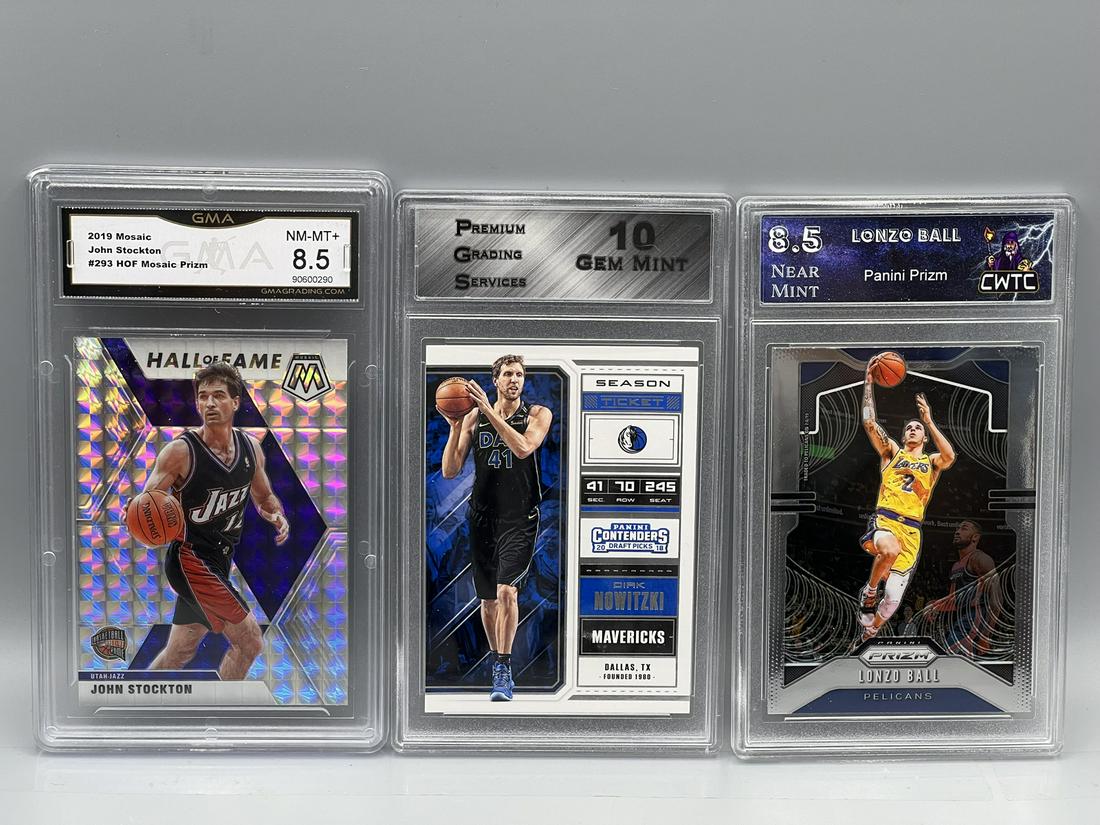 2019 Mosaic John Stockton Mosaic Prizm #293 GMA 8.5, 2018 Contenders Draft Picks Dirk Nowitzki #14 (1 of 2)