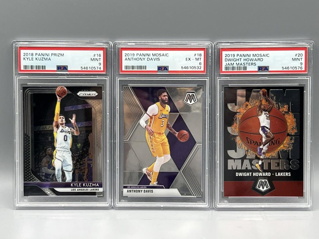 2018 Prizm Kyle Kuzma #16 PSA Mint 9, 2019 Mosaic Anthony Davis #18 PSA EX-MT 6, & 2019 Mosaic Jam (1 of 2)