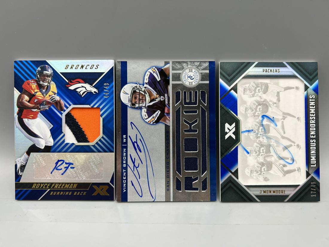 Lot of (3) Modern Football RC Auto & RPA Cards - Royce Freeman, Vincent Brown, J'Mon Moore (1 of 2)