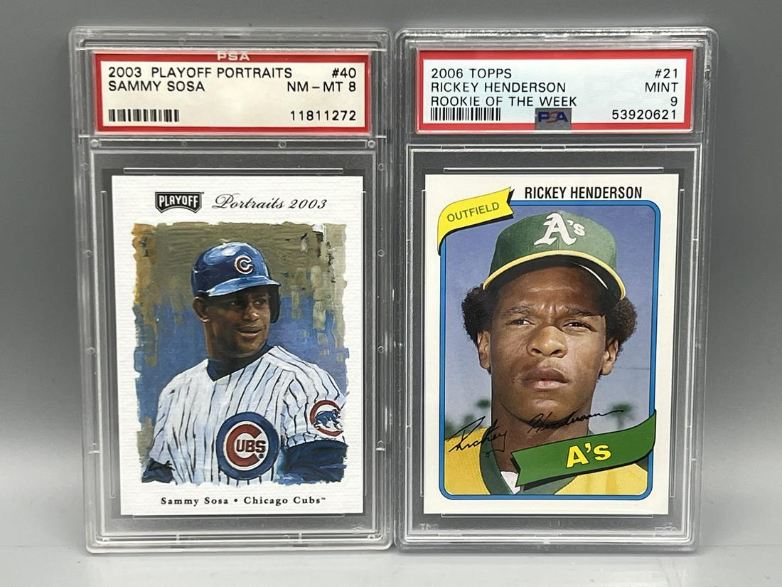 2003 Playoff Portraits Sammy Sosa #40 PSA NM-MT 8 & 2006 Topps Rookie Of The Week Rickey Henderson (1 of 2)