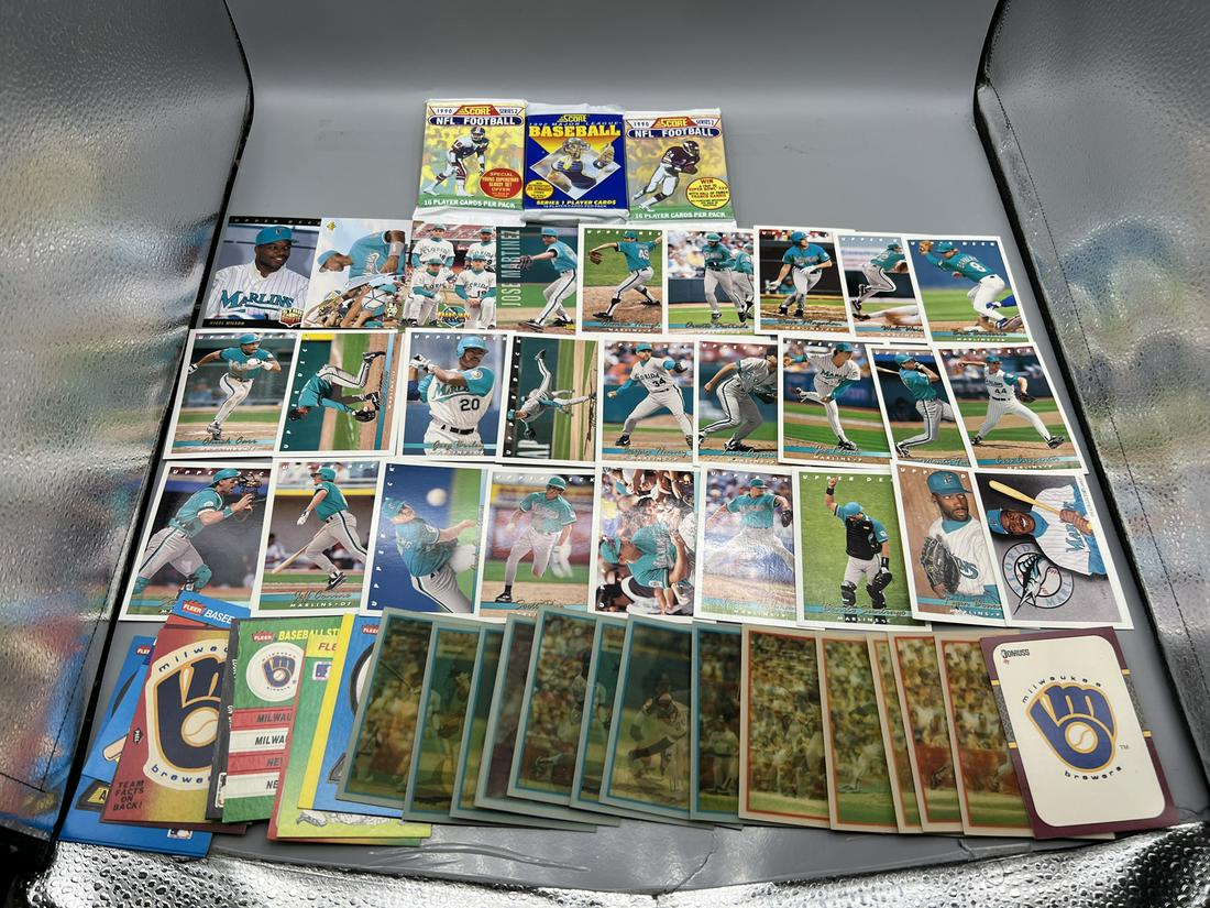 Assorted Sports Lot - Marlins & Brewers Baseball Cards & Stickers W/ 3 Unopened Wax Packs (1 of 5)