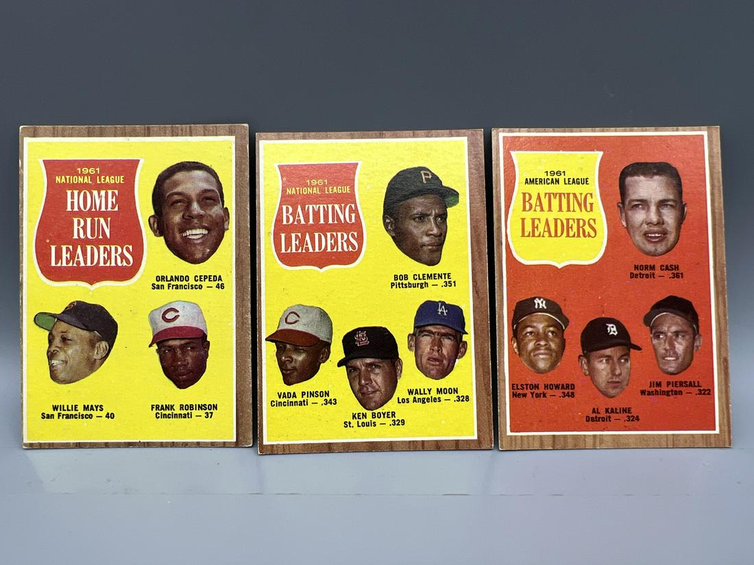 Lot of (3) Assorted 1962 Topps Leaders Cards - Varying Conditions - Willie Mays, Roberto Clemente, (1 of 2)