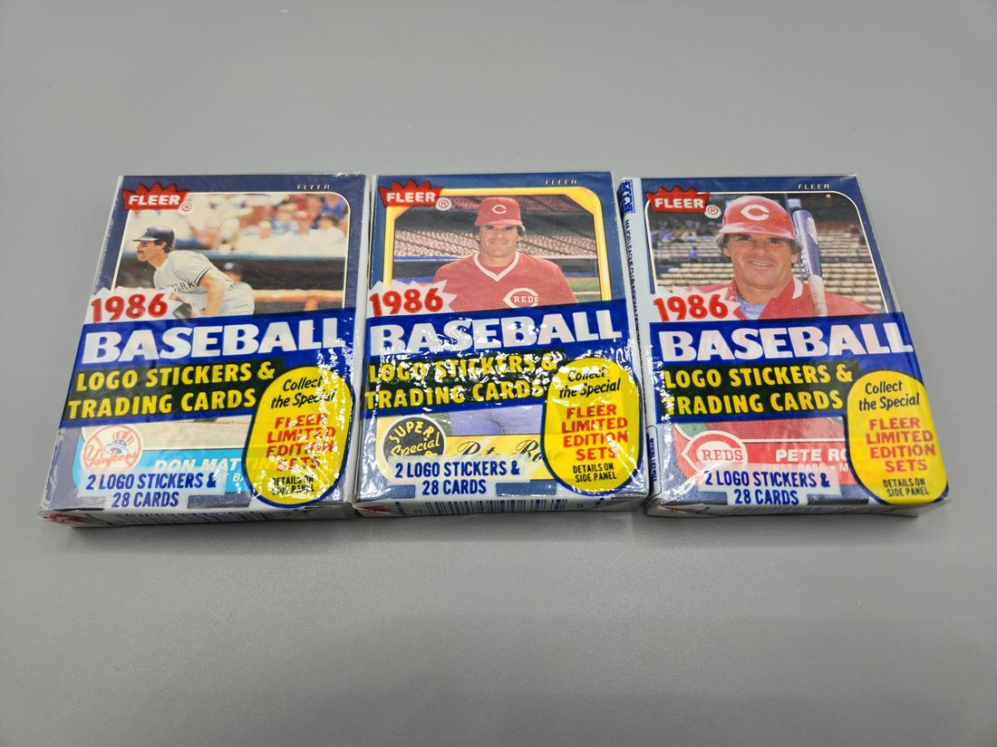 Three 1986 Fleer Baseball Cello Packs - Two With Pete Rose on Top One With Don Mattingly (1 of 2)