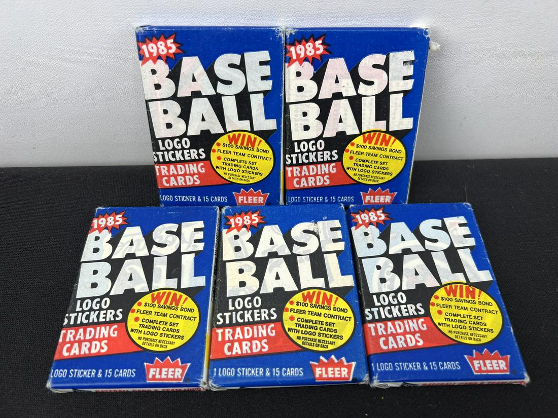 Lot of (5) 1985 Fleer Baseball Sealed Packs - Possible RCs of Roger Clemens & Kirby Puckett (1 of 2)
