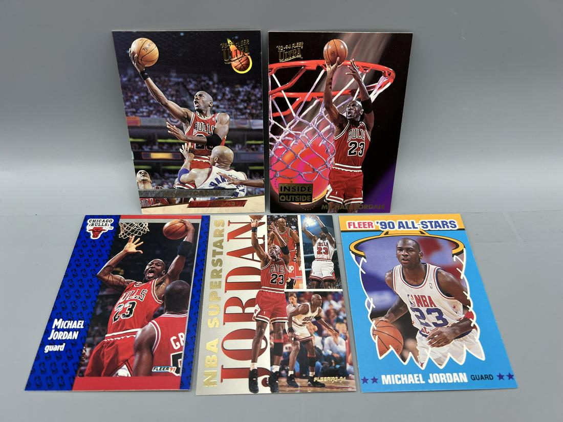 Lot of (5) Assorted Fleer Michael Jordan Basketball Cards - Inside Outside, NBA Superstars, All: Lot of (5) Assorted Fleer Michael Jordan Basketball Cards - Inside Outside, NBA Superstars, All Stars Inserts