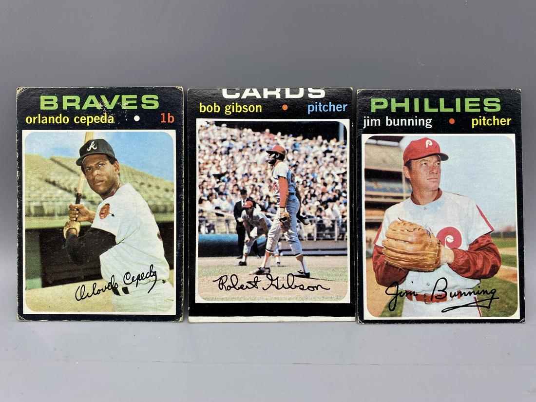 3 - 1971 Topps BB HOF #450 Gibson, #605 Cepeda, #574 Bunning: 3 - 1971 Topps BB HOF #450 Gibson, #605 Cepeda, #574 Bunning
